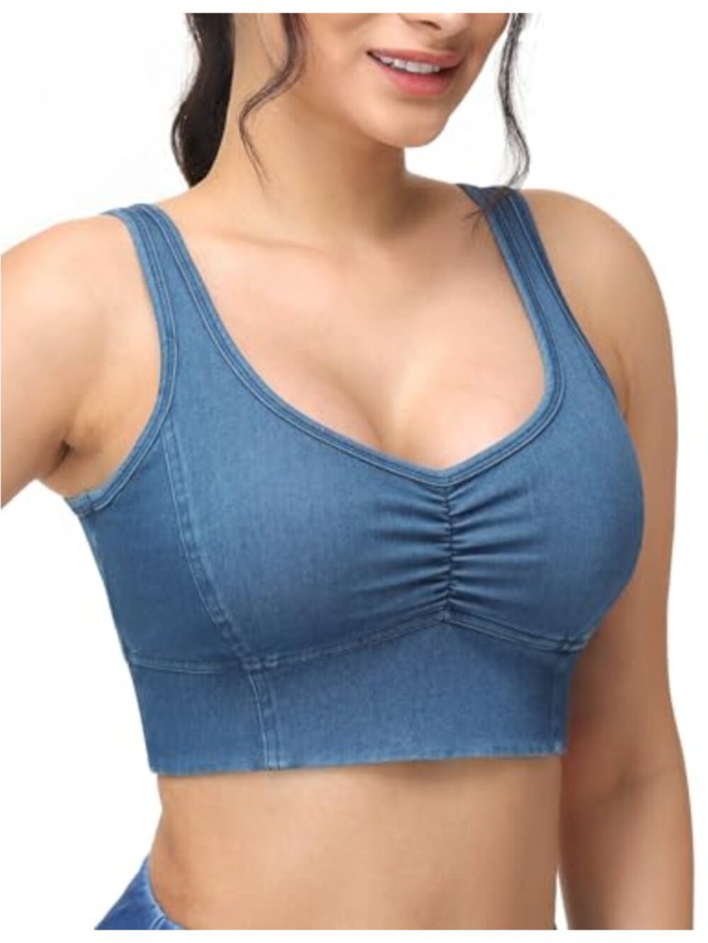 Dragon Fit Women's Denim Crop Tank Top V Neck Stretch Bra Padded